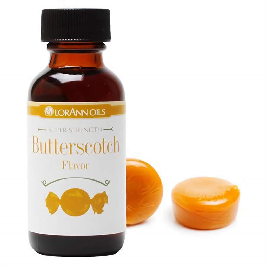 A bottle of LorAnn Oils Super Strength Butterscotch Flavor, 1 fl oz, presented with shiny, golden butterscotch candies, reflecting the sweet confectionery flavor.
