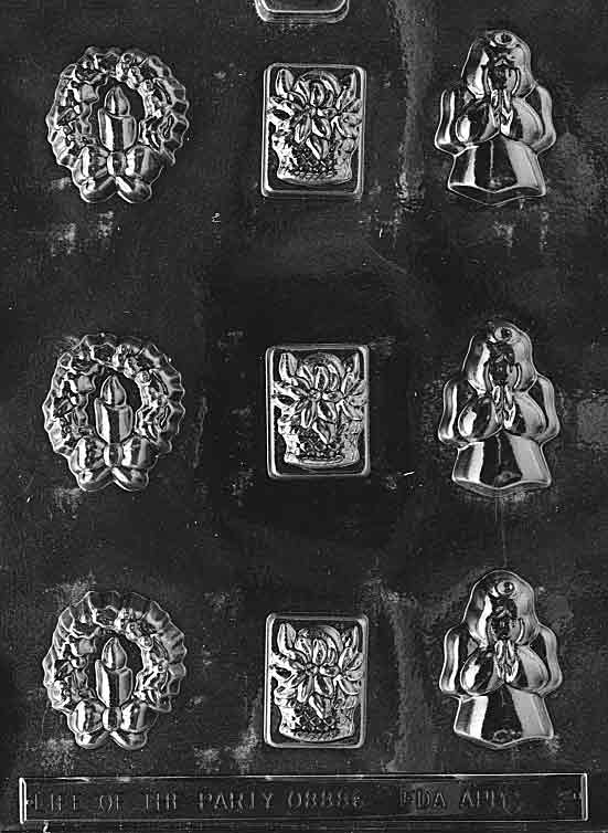 Clear mold sheet with an assortment of small holiday cavities including an angel; largest about 1 5/8 by 1 7/8 by 1/2 inch; C006