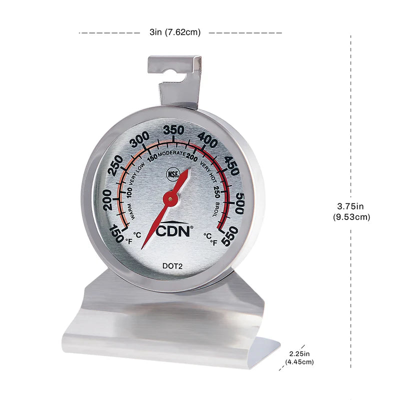 CDN Multi-Mount Oven Thermometer with measurements showing 3 inches wide by 3.75 inches tall.