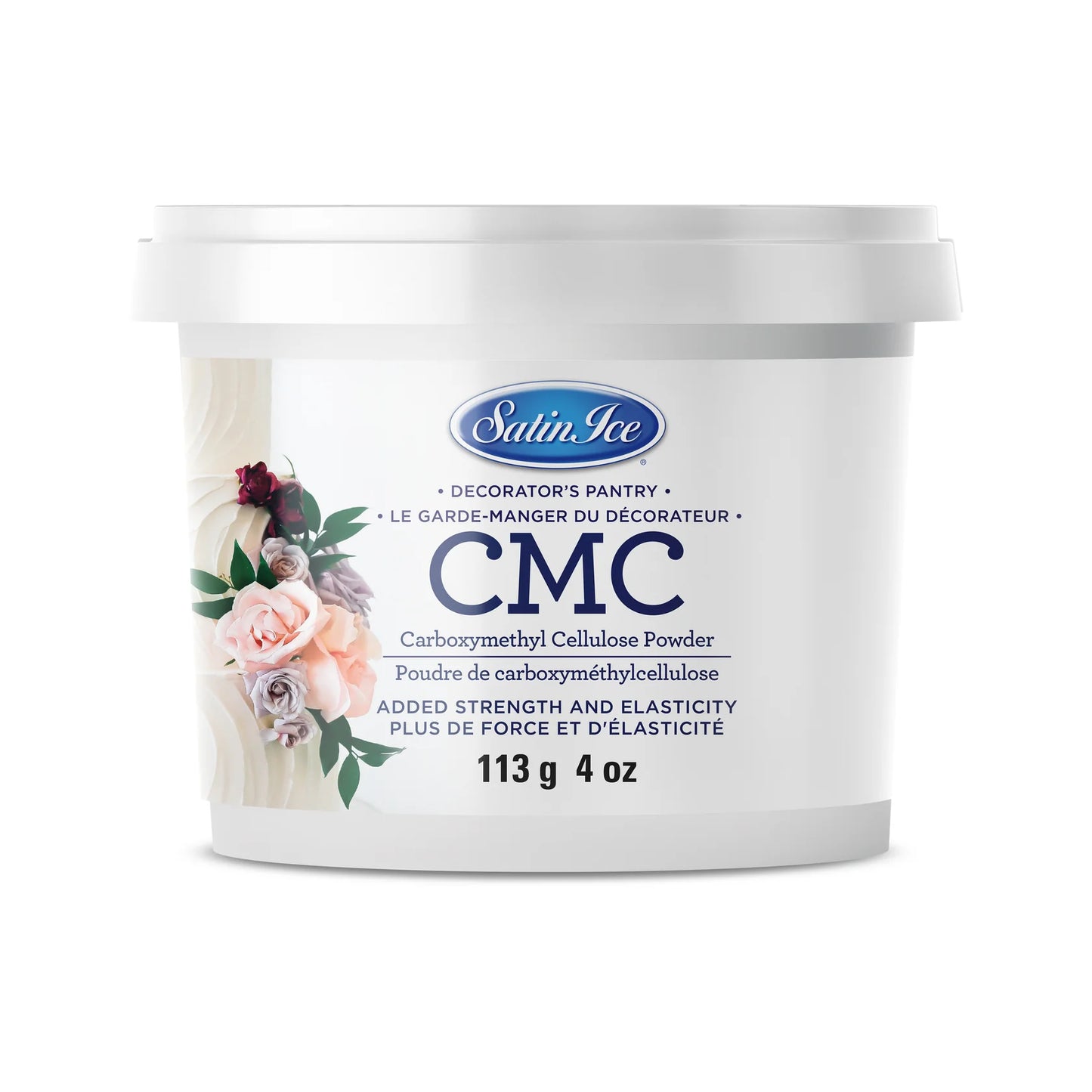 Satin Ice CMC carboxymethyl cellulose powder in a white plastic tub with a snap-on lid, featuring a label with floral artwork and “CMC” in large letters.