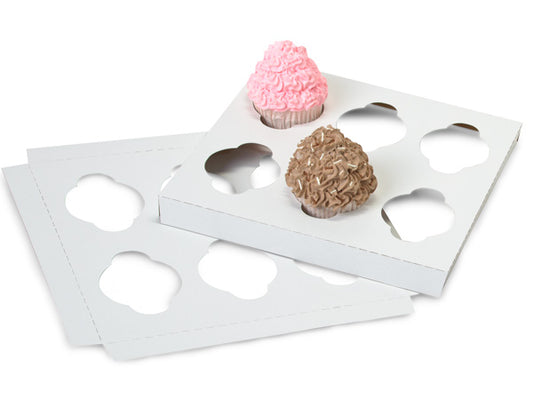 Sturdy cupcake box insert holding 6 cupcakes, made from durable white paperboard for bakery packaging.