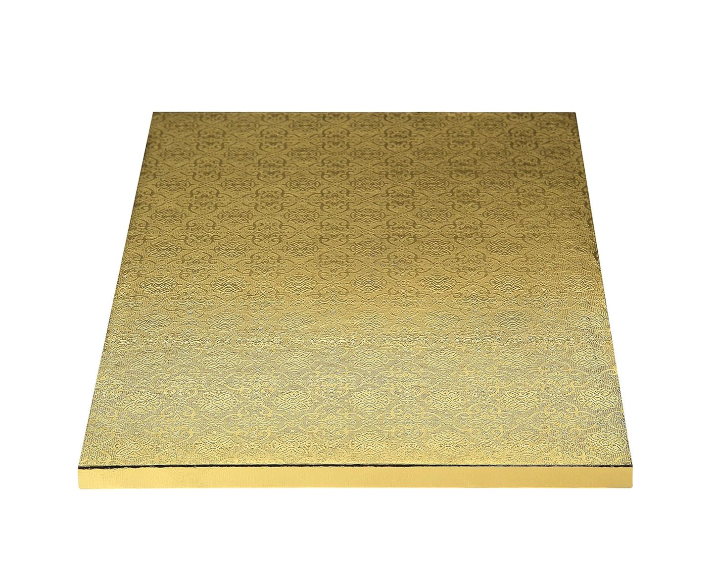 Gold rectangular 1/2 sheet cake drum with embossed foil surface and 1/2 inch thick sides, designed for professional cake display.