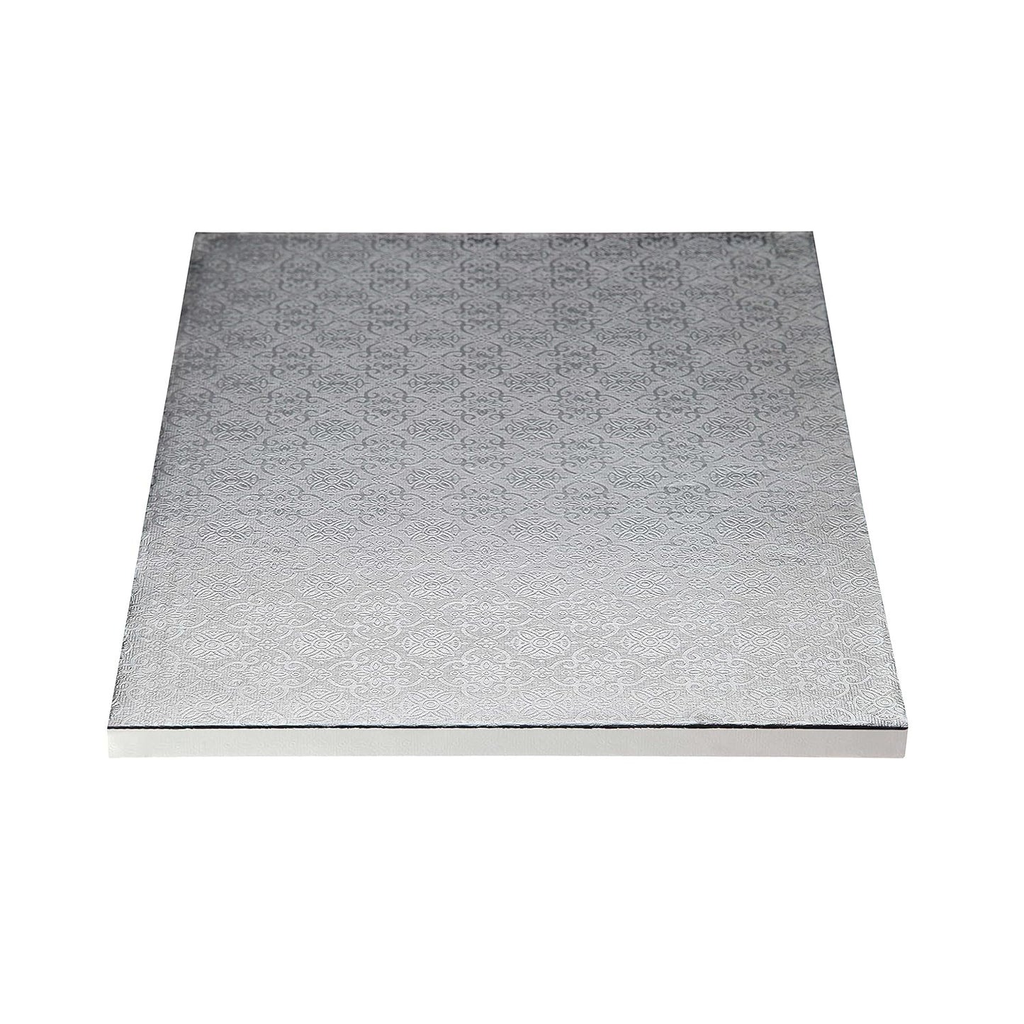 Silver half sheet cake drum board with an embossed decorative pattern and foil-wrapped edges, photographed flat on a white background.