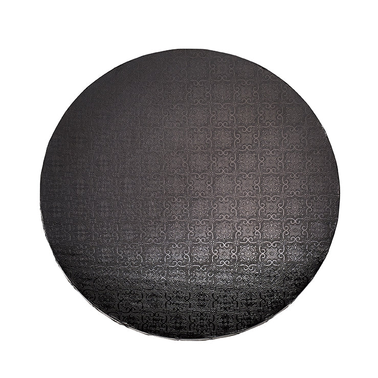 Black round cake drum with an embossed gloss finish and a matte white back, designed for cake presentation and support.
