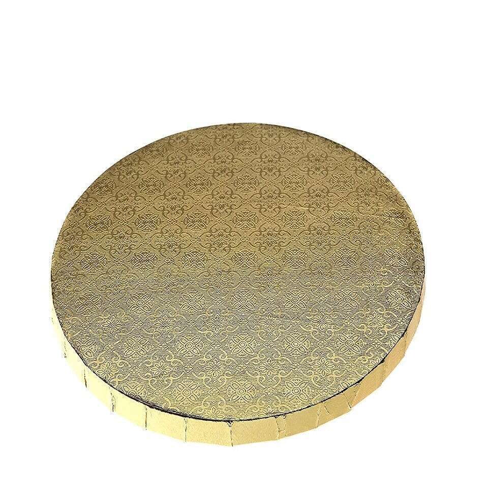 Gold round cake drum with 1/2 inch thick B/C-flute core and embossed foil finish, ideal for elegant cake presentations and special occasions.