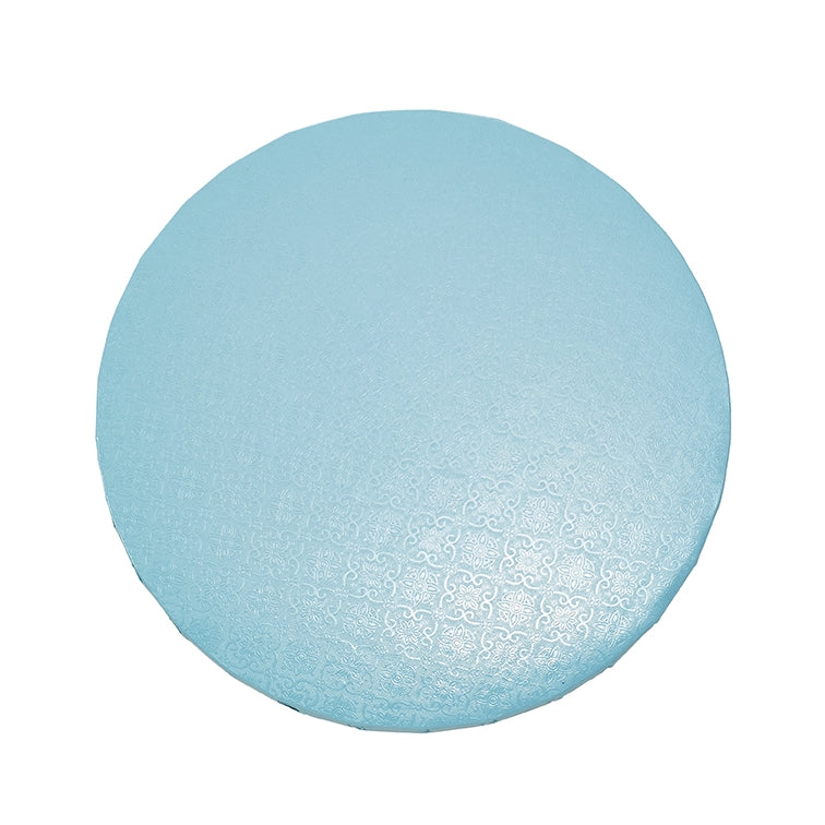Round cake drum with a glossy light blue embossed top and a matte white back, designed for cake presentation and support.