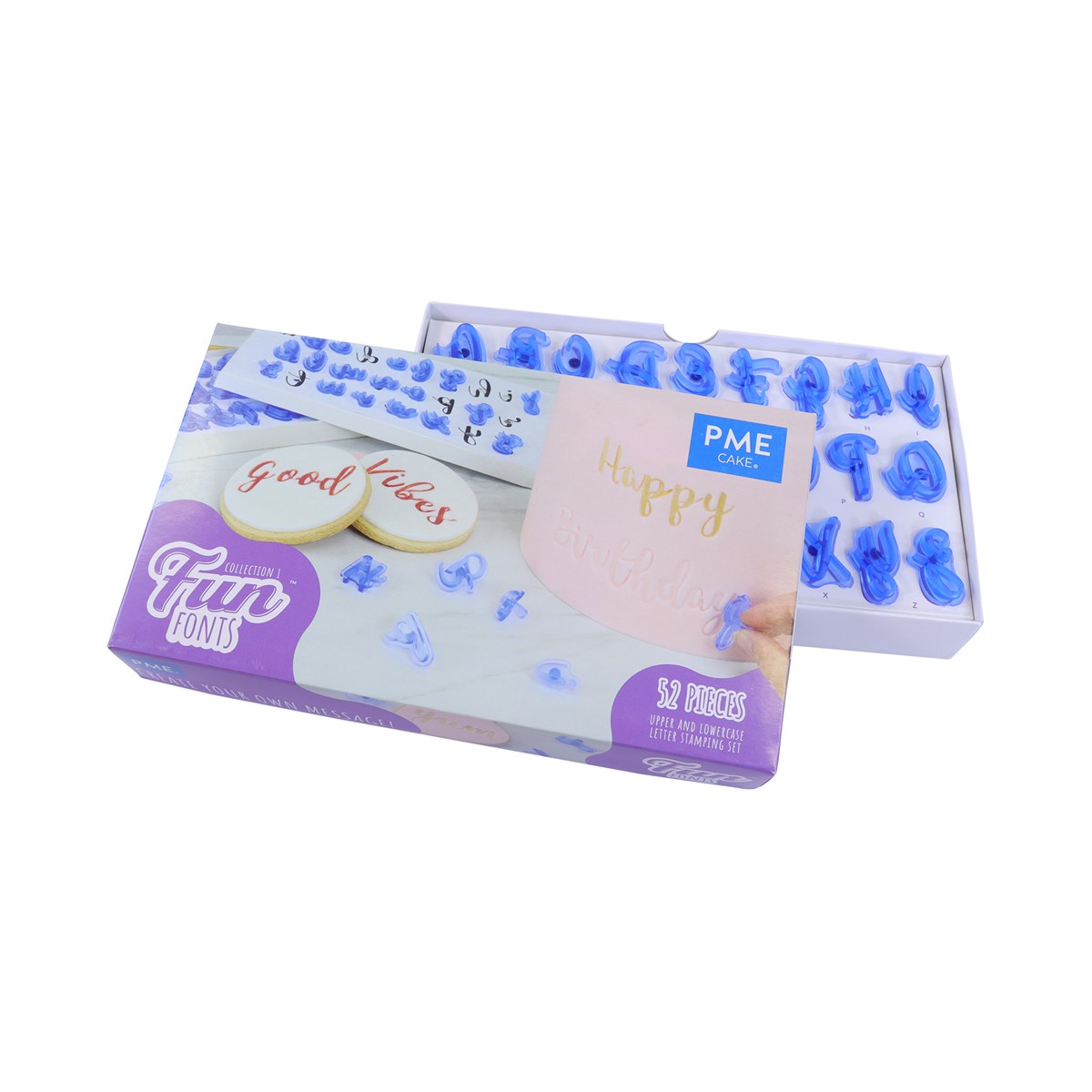 PME Fun Fonts Collection 1 stamp set with uppercase and lowercase letters in a blue storage box.