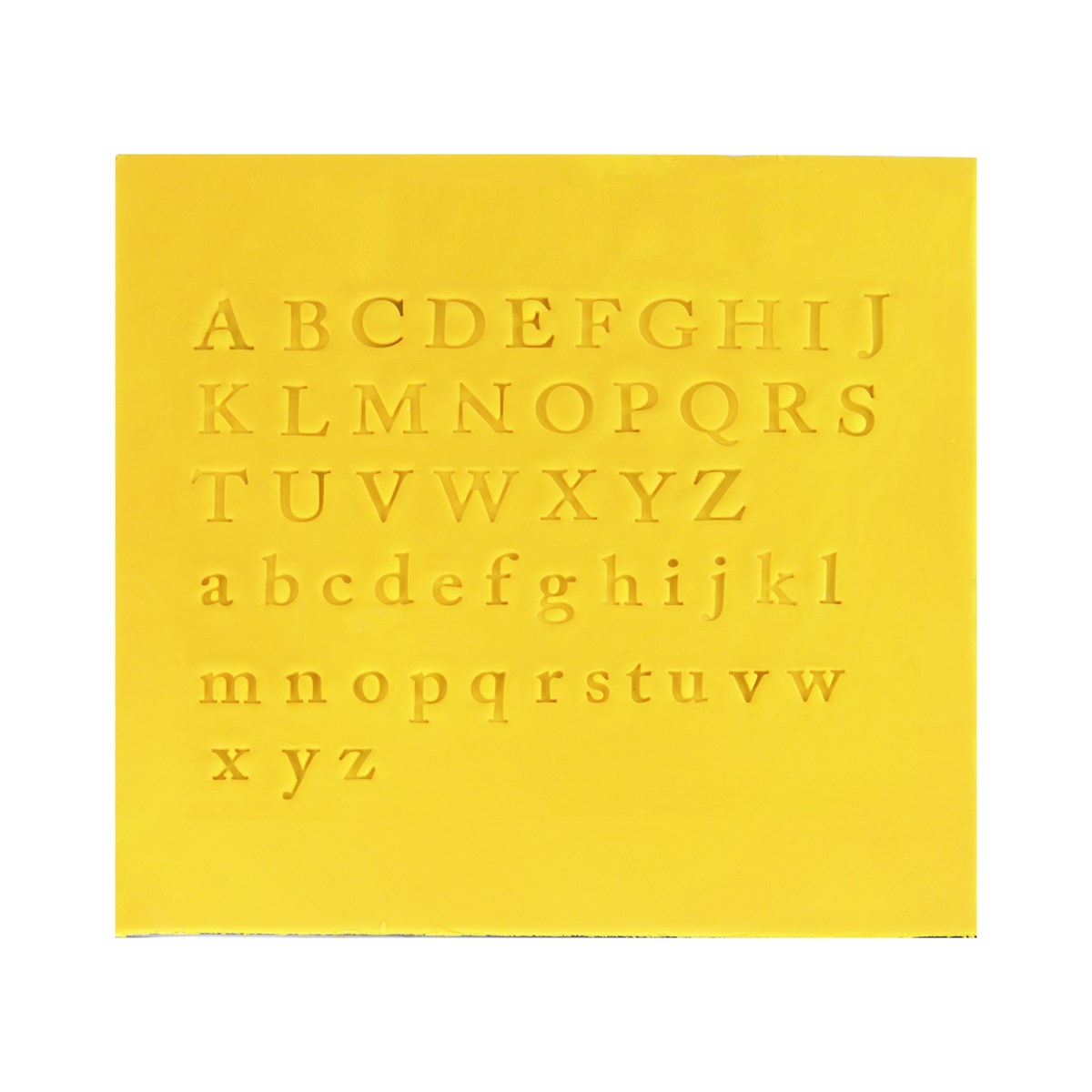 Yellow fondant mat with uppercase and lowercase serif-style alphabet impressions from PME Fun Fonts Collection 2.
