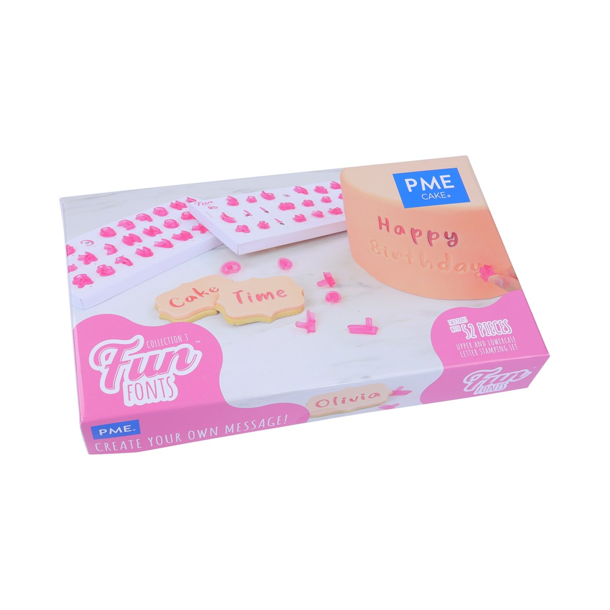 PME Fun Fonts Collection 3 alphabet stamp set in box, showing stamped letters on cookies and fondant.