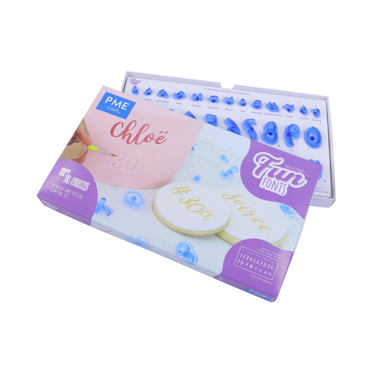 PME Fun Fonts Collection 1 Numbers and Specials stamp set with open box showing number and symbol stamps.