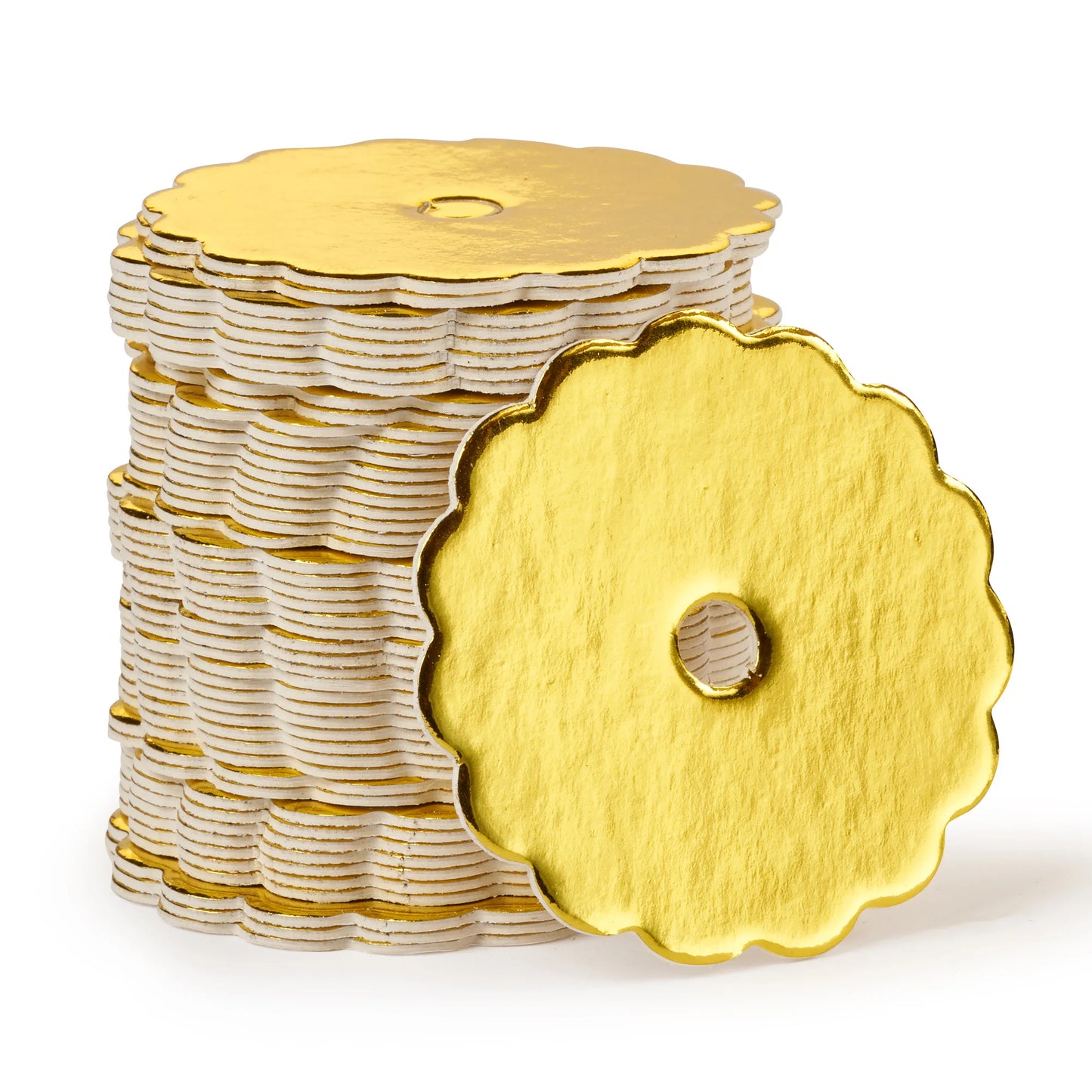 Stack of gold scalloped-edge cake pop boards with center holes, designed for stylish and stable cake pop presentation.