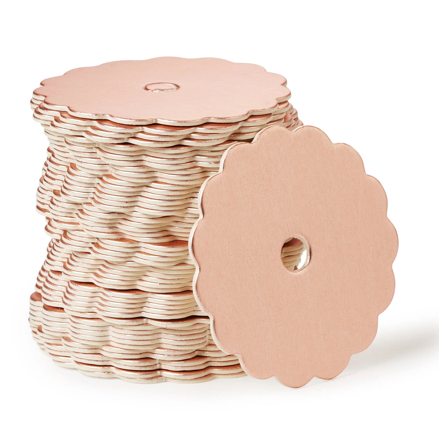 Stack of rose gold scalloped-edge cake pop boards with a center hole, ideal for displaying cake pops in a polished and elegant way.