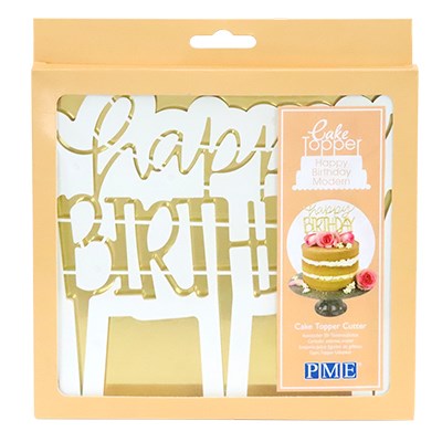 PME Happy Birthday Modern cake topper cutter in packaging, ideal for fondant and gum paste decorations.