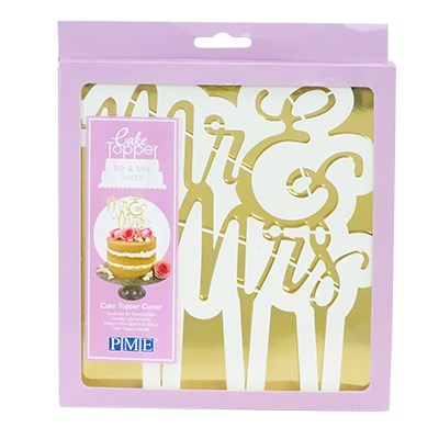 PME Mr & Mrs script cake topper cutter in pink packaging, ideal for weddings and romantic celebrations.