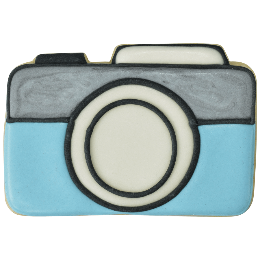 Iced camera-shaped sugar cookie with gray top, white lens circle, black piping, and light blue body; example made with a 3.5 inch camera cookie cutter.