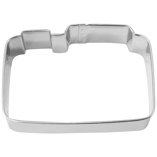 Shiny silver camera-shaped cookie cutter with deep sides and a raised viewfinder notch; 3.5 inch metal outline on white background.