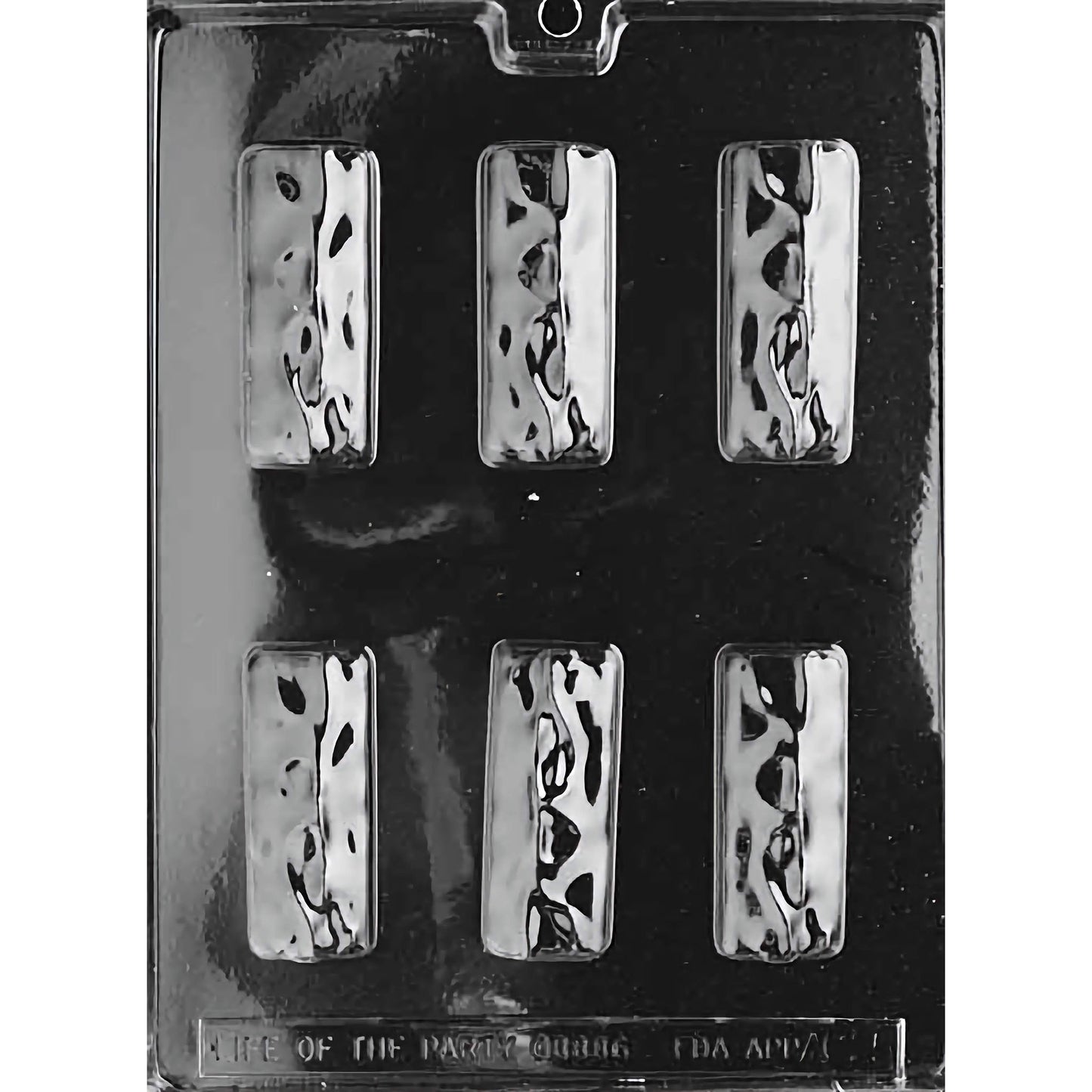 Clear six-cavity candy mold featuring smooth, rounded rectangular bar shapes arranged in two rows on a glossy plastic sheet against a dark background.