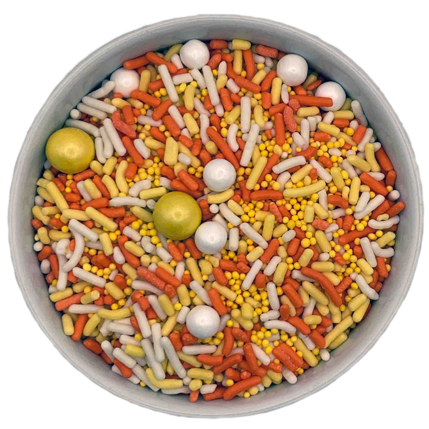 Candy Corn Sprinkle Blend in a round container, featuring a mix of orange, yellow, and white sprinkles with various shapes and sizes, including tiny nonpareils and larger candy beads.