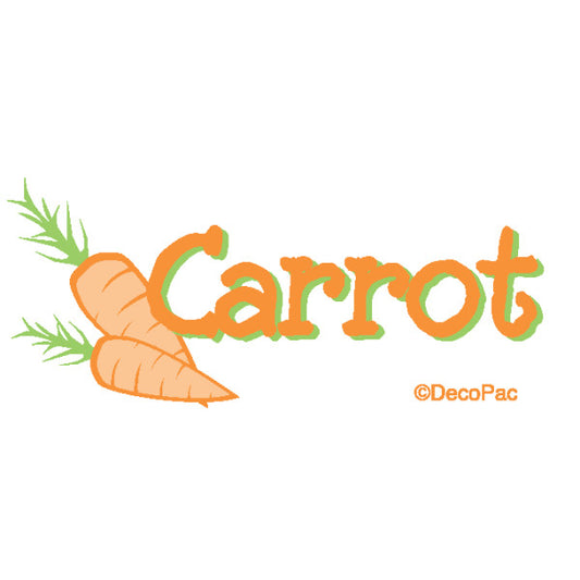 Label with the word "Carrot" in playful orange and green lettering, decorated with two illustrated carrots on the left side.