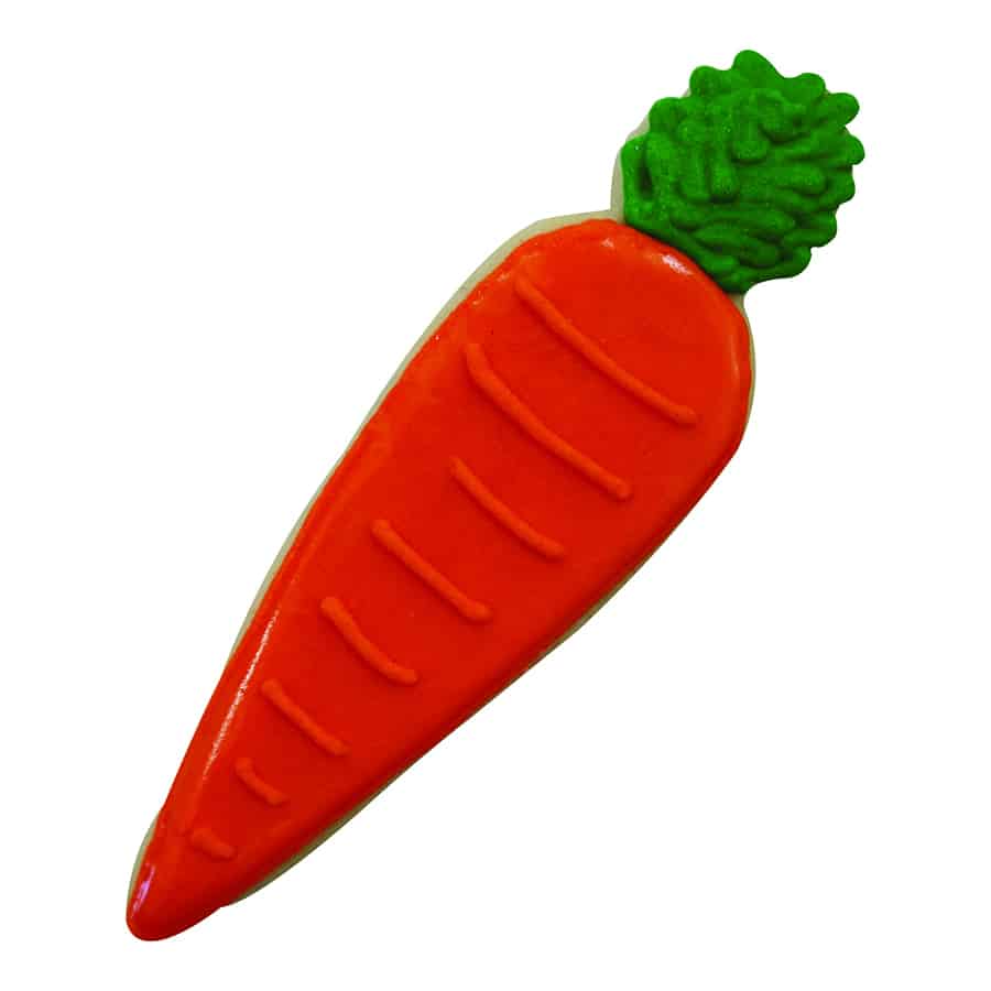 Decorated sugar cookie shaped like a carrot with bright orange icing and a textured green top.