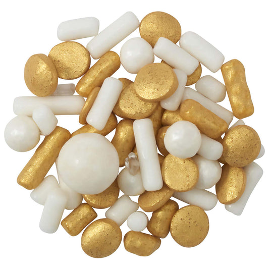 Celebration Wishes Deluxe Sprinkle Blend featuring a luxurious mix of gold and white candy rods, spheres, and sugar pearls, perfect for sophisticated dessert decorations.