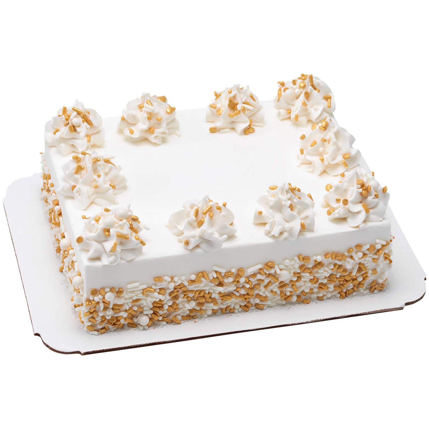 Elegant rectangular white cake decorated with white whipped cream dollops and accented with Celebration Wishes Deluxe Sprinkle Blend on the sides and the top, ideal for weddings or anniversary celebrations.