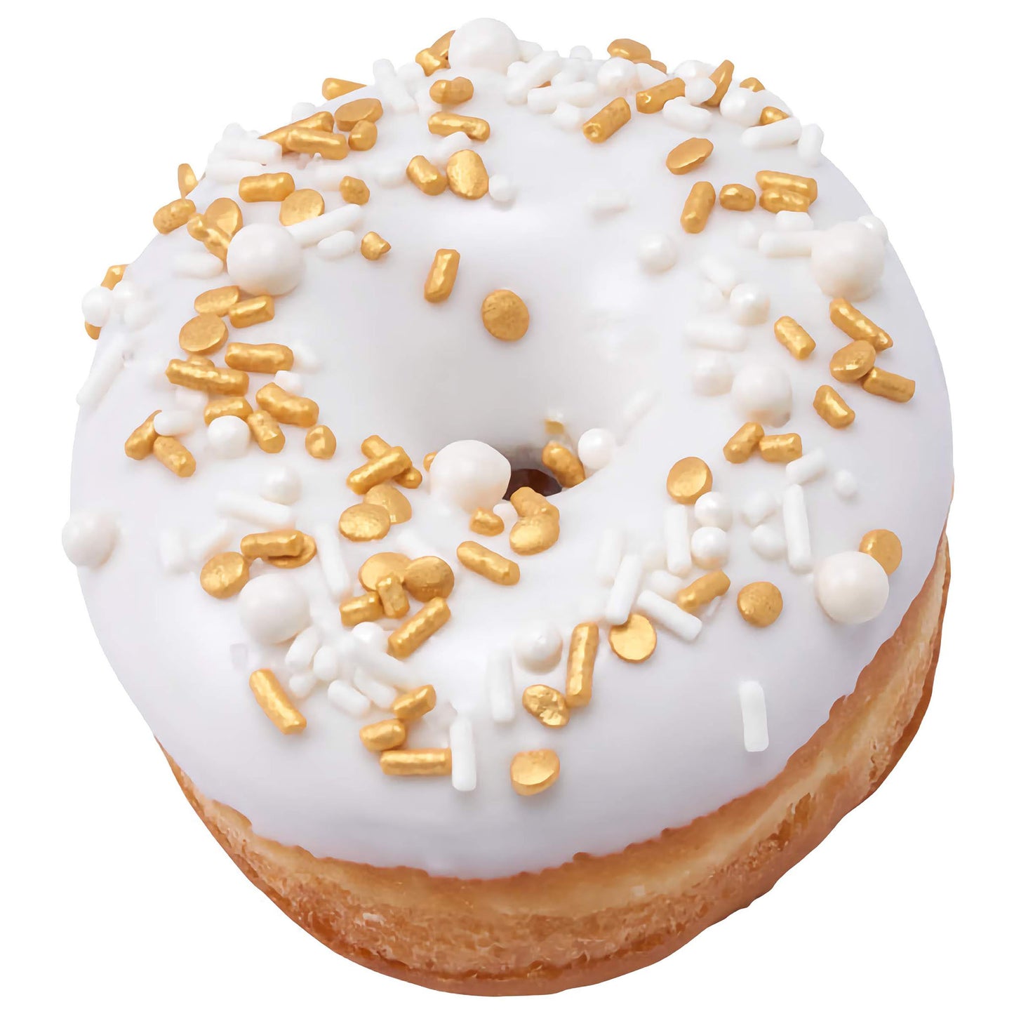 Classic donut topped with smooth white frosting and sprinkled with Celebration Wishes Deluxe Sprinkle Blend, adorned with shiny gold and white pieces for a glamorous touch.