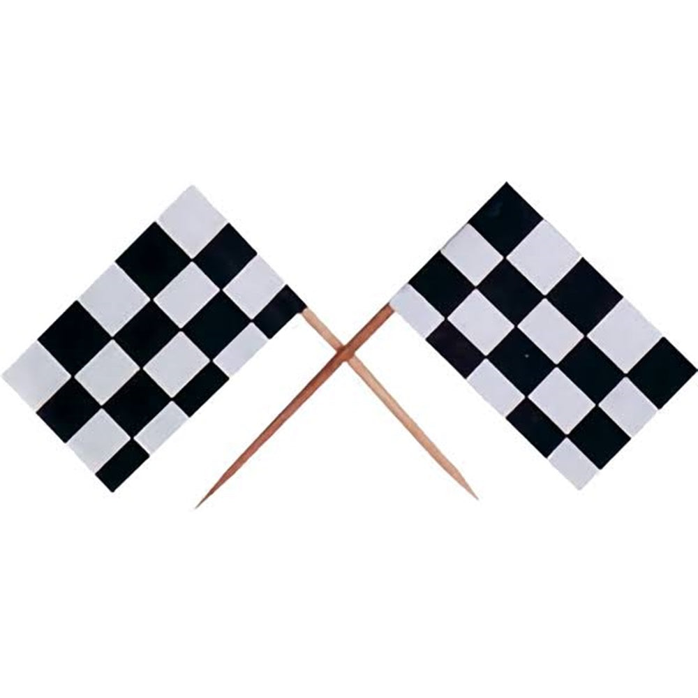 Crossed checkered flag cupcake picks in black and white, designed to add a race day vibe to desserts and themed parties.