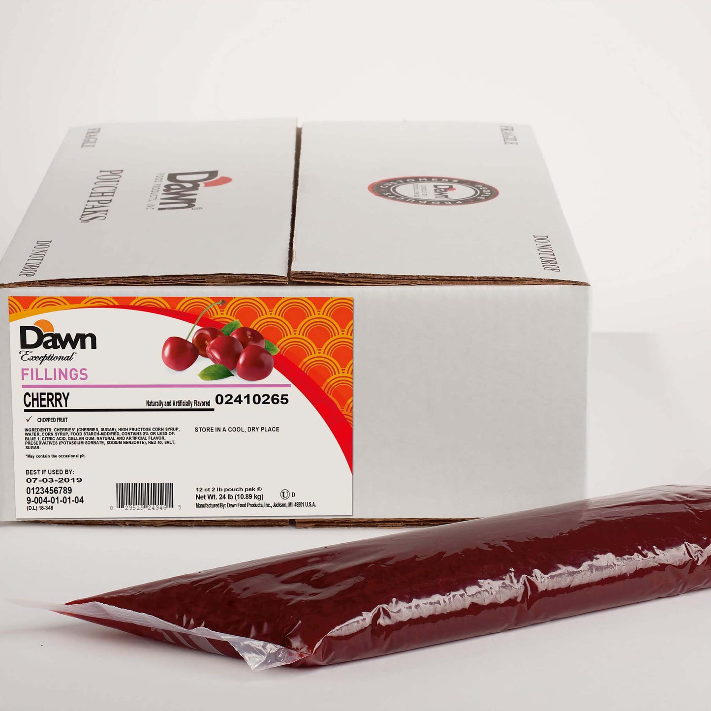 Dawn Exceptional cherry filling 2 lb pouch in front of product case box with cherry label and branding, ideal for bakeries and commercial kitchens