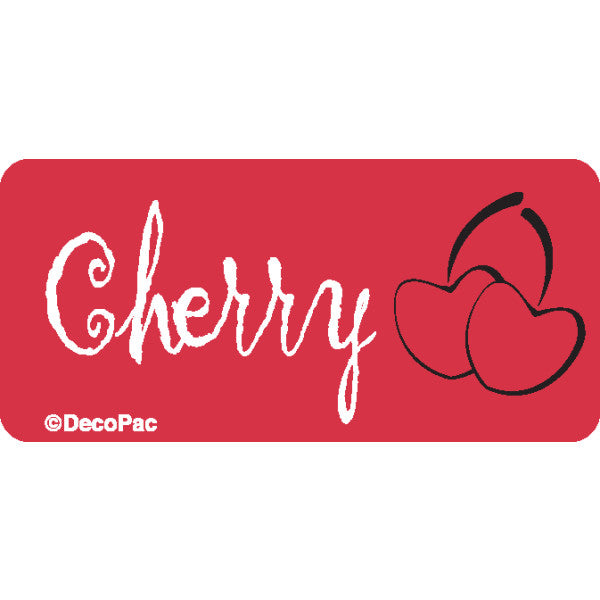 Red cherry flavor cake label with white script reading "Cherry" and two outlined cherry illustrations, ideal for bakery display signage.