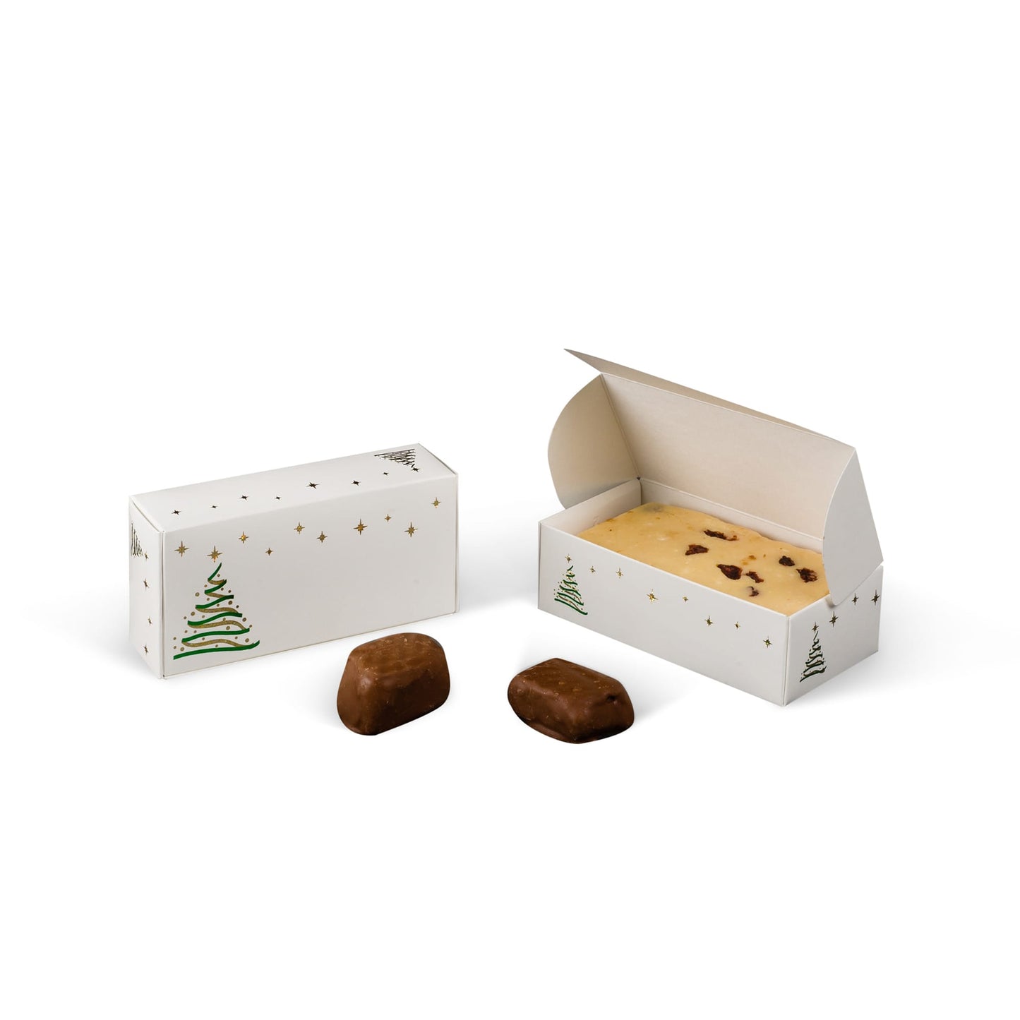 Christmas-themed candy box with festive tree and star design, shown open with fudge and closed on a white background.