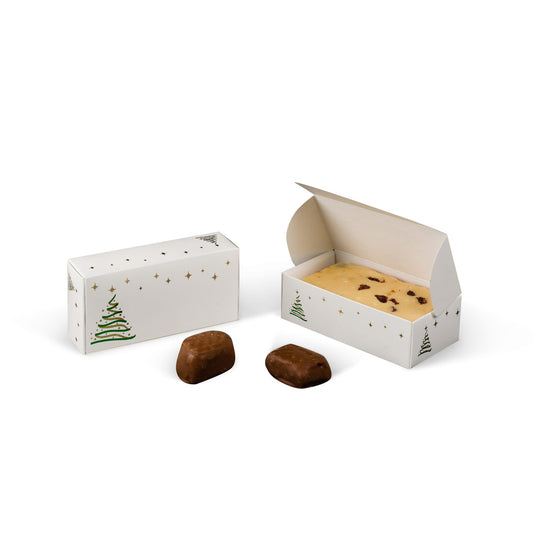 Christmas-themed candy box with festive tree and star design, shown open with fudge and closed on a white background.