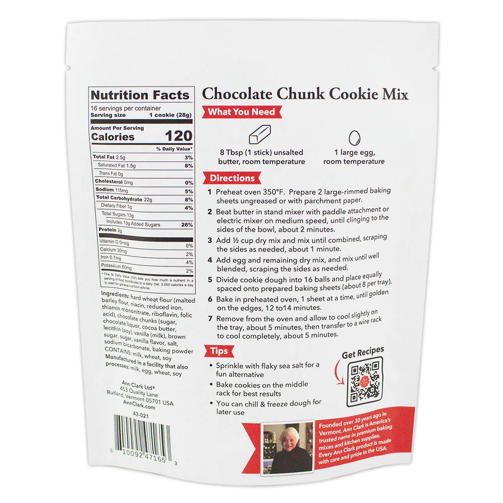 Back of Ann Clark Chocolate Chunk Cookie Mix with baking instructions, ingredients, nutrition facts, and tips for perfect cookies.
