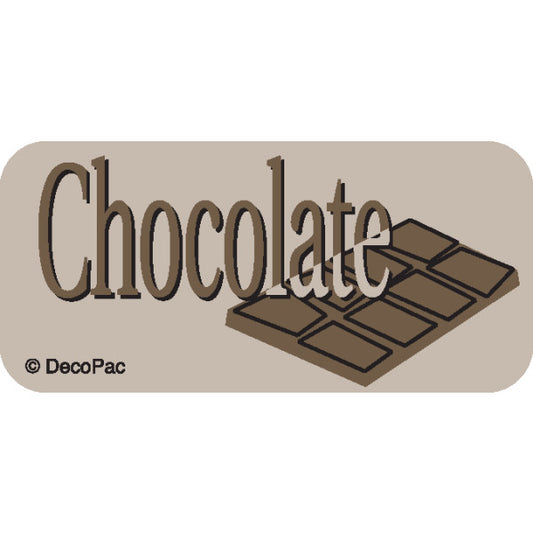 Brown chocolate flavor cake label with bold lettering and a chocolate bar illustration, designed for bakery and dessert display signage.