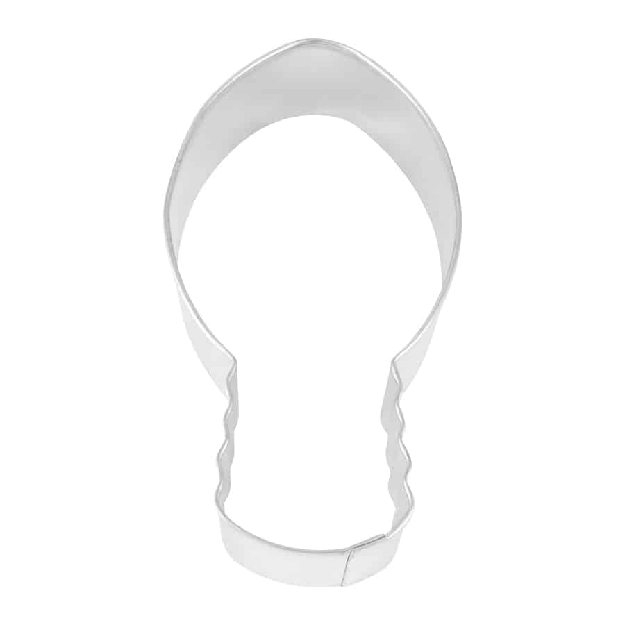 Metal Christmas lightbulb-shaped cookie cutter with a rounded top and ridged base.