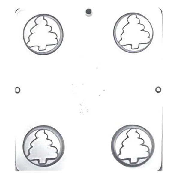 Seasonal chocolate mold with four cavities, each showcasing a stylized Christmas tree within a round frame. The trees are depicted with simplified triangular shapes and a stump base, making them a quintessential treat for the winter holidays and Christmas celebrations.