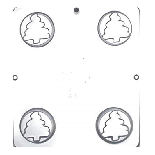 Seasonal chocolate mold with four cavities, each showcasing a stylized Christmas tree within a round frame. The trees are depicted with simplified triangular shapes and a stump base, making them a quintessential treat for the winter holidays and Christmas celebrations.
