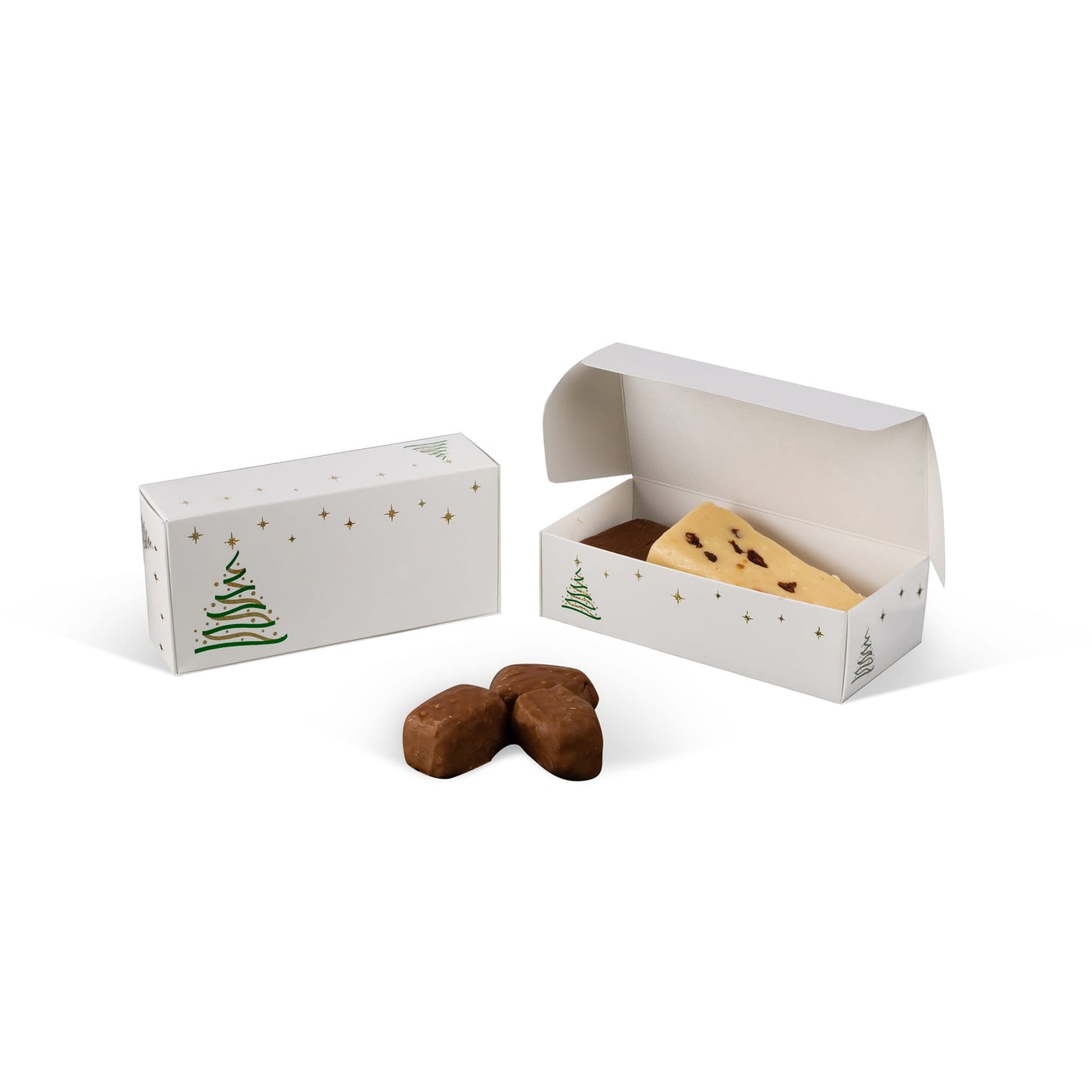 Christmas-themed candy box with festive tree and star design, shown open with fudge and chocolates, and closed on a white background.