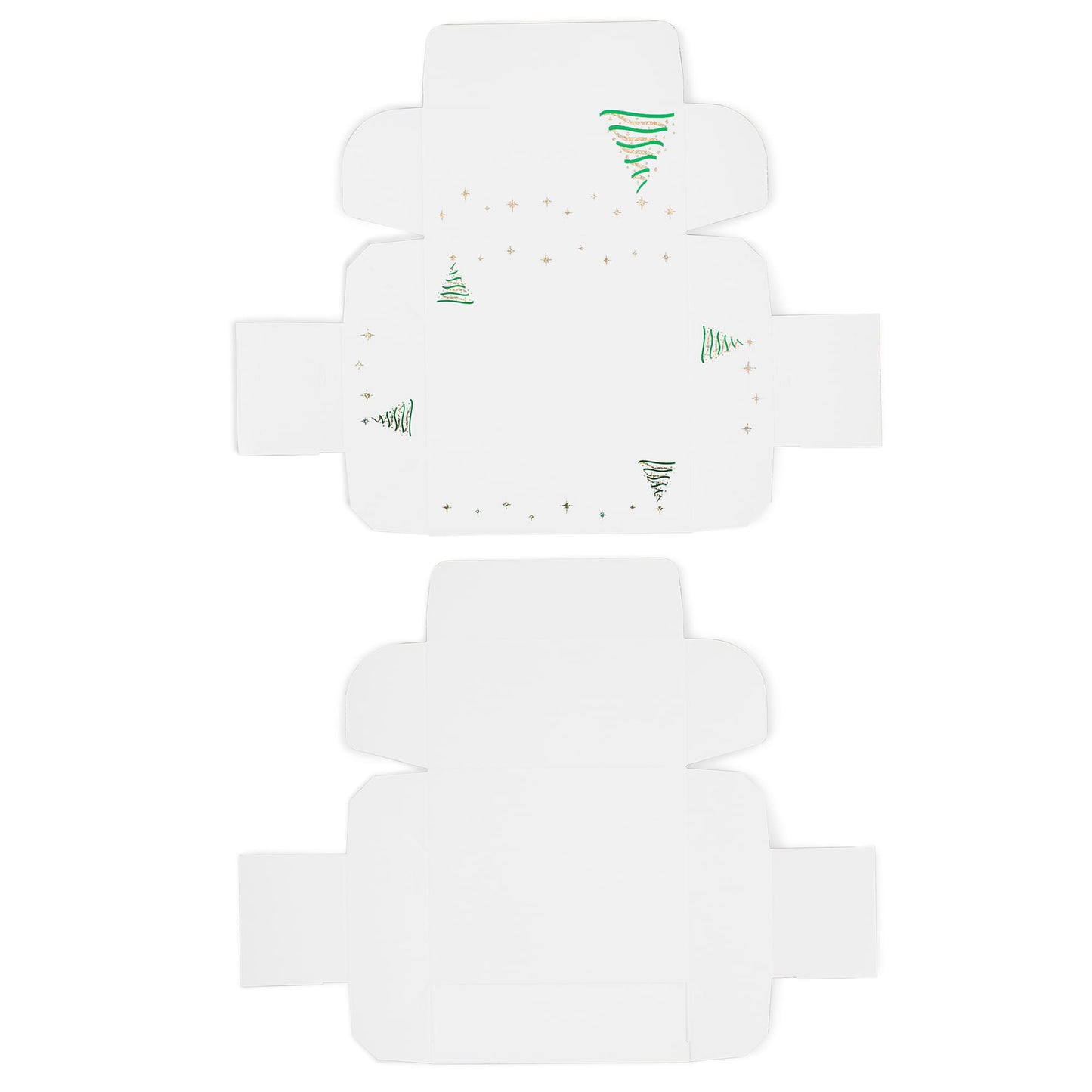 Flat layout of an unfolded Christmas tree candy box with green tree and gold star design, ready for easy assembly.