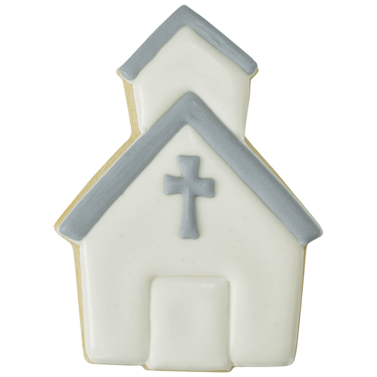 Iced cookie decorated as a white chapel with gray roof and raised cross detail made using a church cookie cutter.