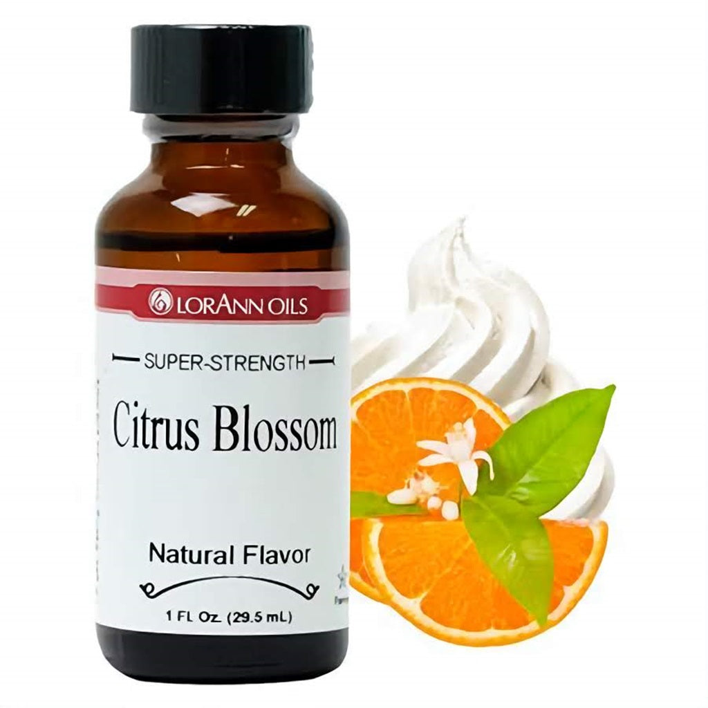 LorAnn Oils Super Strength Citrus Blossom Natural Flavor, 1 fl oz, presented with a citrus slice and blossom, capturing the essence of zesty citrus notes.