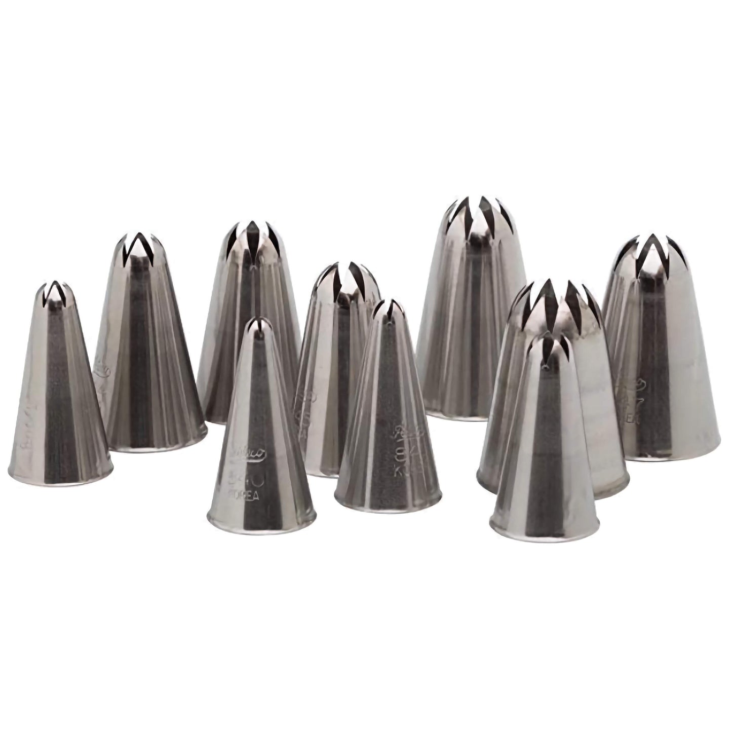 Set of ten stainless steel closed star piping tips, sizes #840 to #849, arranged upright in various sizes.