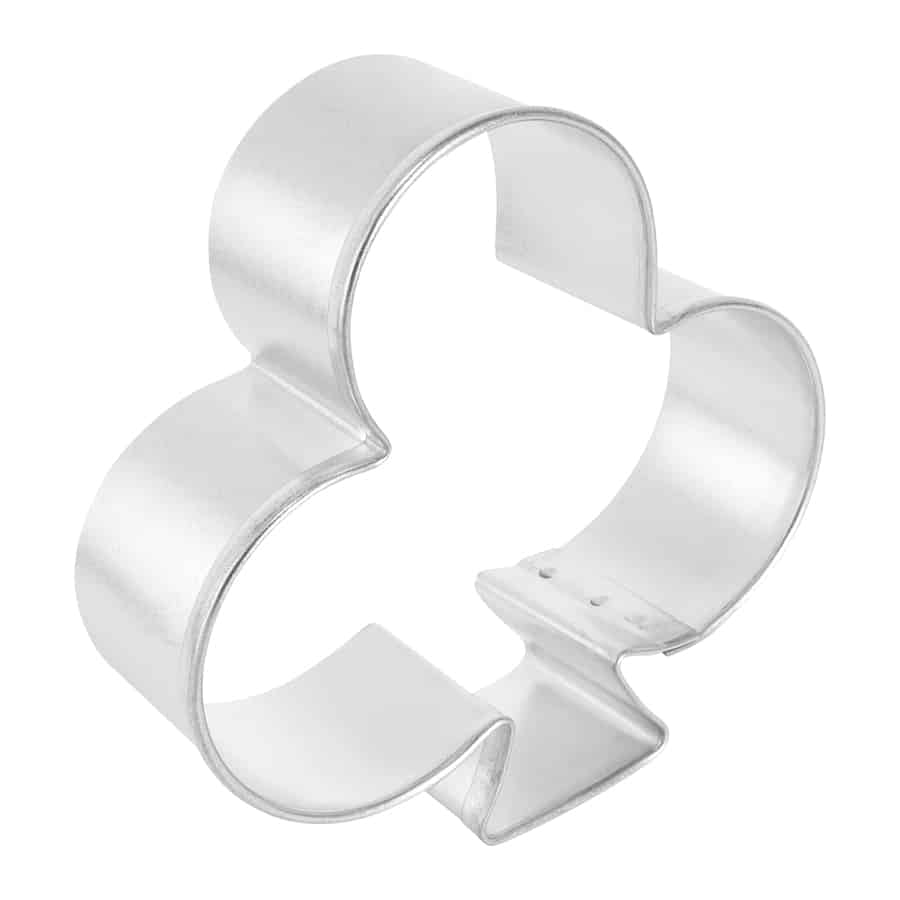 Angled side view of a club suit cookie cutter, showing its sturdy metal construction and smooth, curved design.