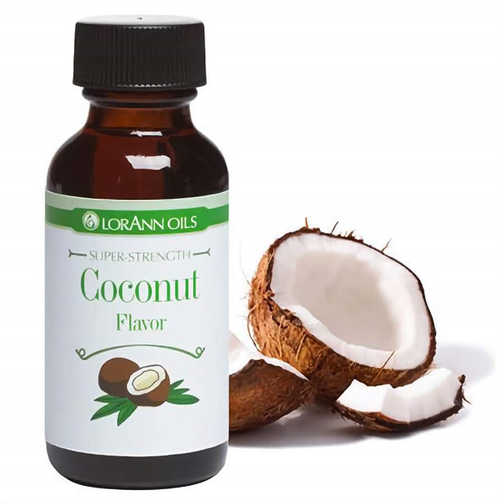 LorAnn Oils Super Strength Coconut Flavor, 1 fl oz, alongside a cracked open coconut, illustrating the tropical and creamy flavor profile.