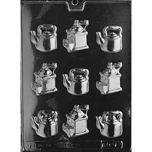 Clear plastic chocolate mold designed for making coffee-themed chocolates, featuring nine compartments arranged in three rows of three. Each compartment alternates between a detailed coffee pot and a coffee grinder design. The mold is set against a black background, highlighting the intricate details of each piece. Ideal for creating charming coffee-themed chocolates for gifts or special occasions.