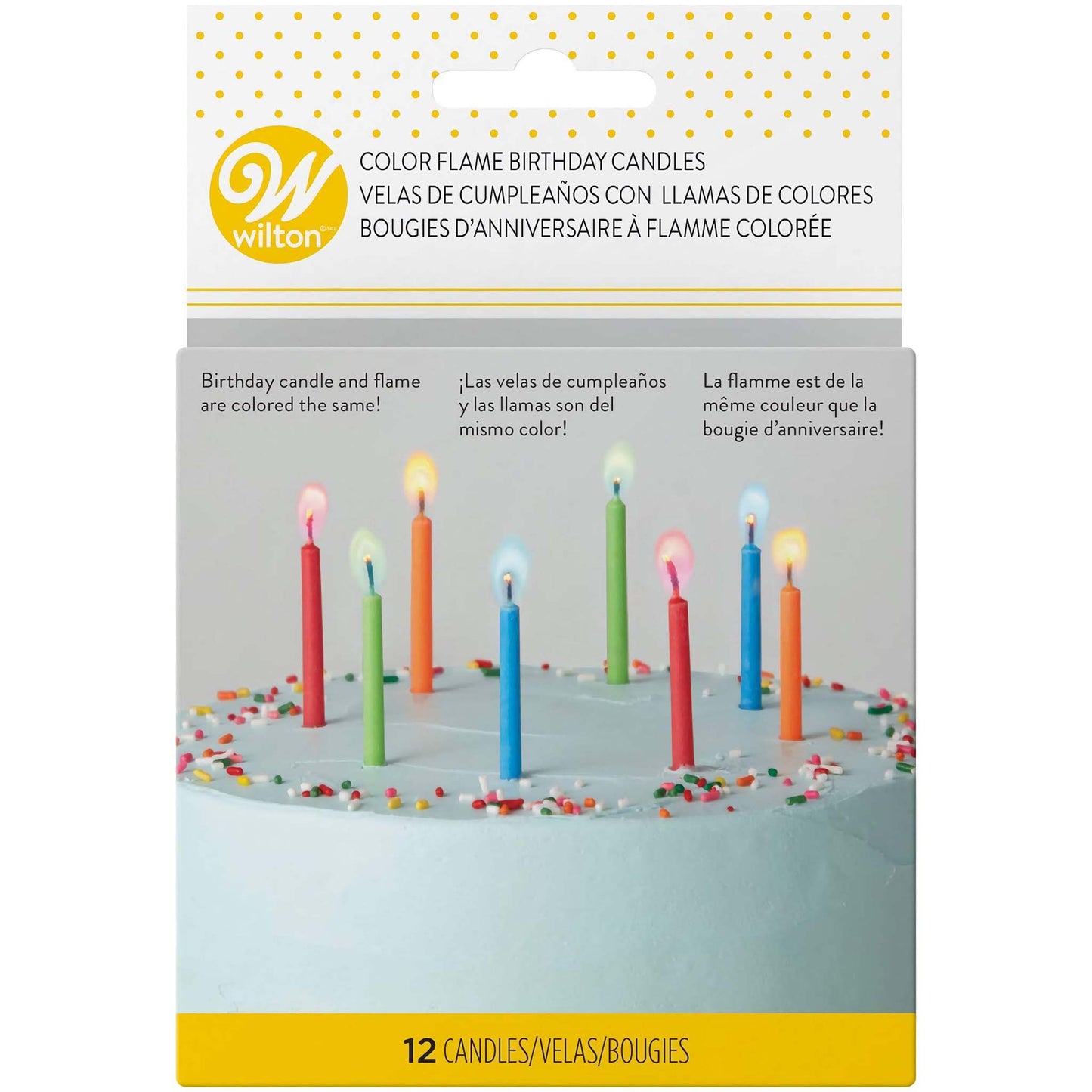 Pack of 12 Multi-Colored Flame Birthday Candles, each 2.25 inches tall, featuring flames that match the candle colors in red, green, blue, and orange, perfect for adding excitement to any celebration.