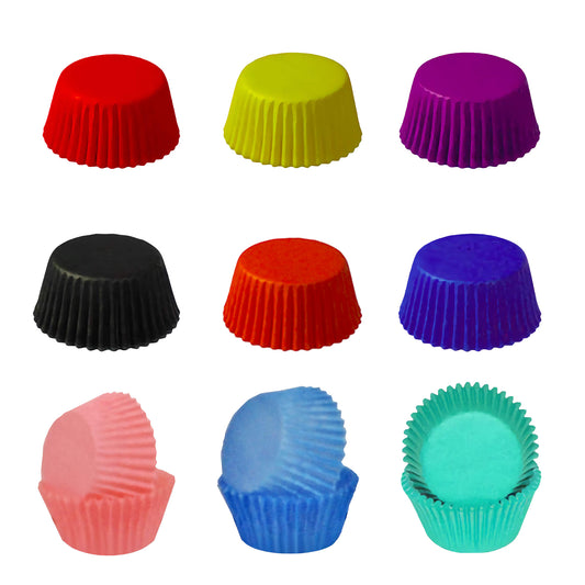 Assorted mini baking cups in various bright colors including red, yellow, purple, black, orange, blue, pink, and teal, displayed in rows.