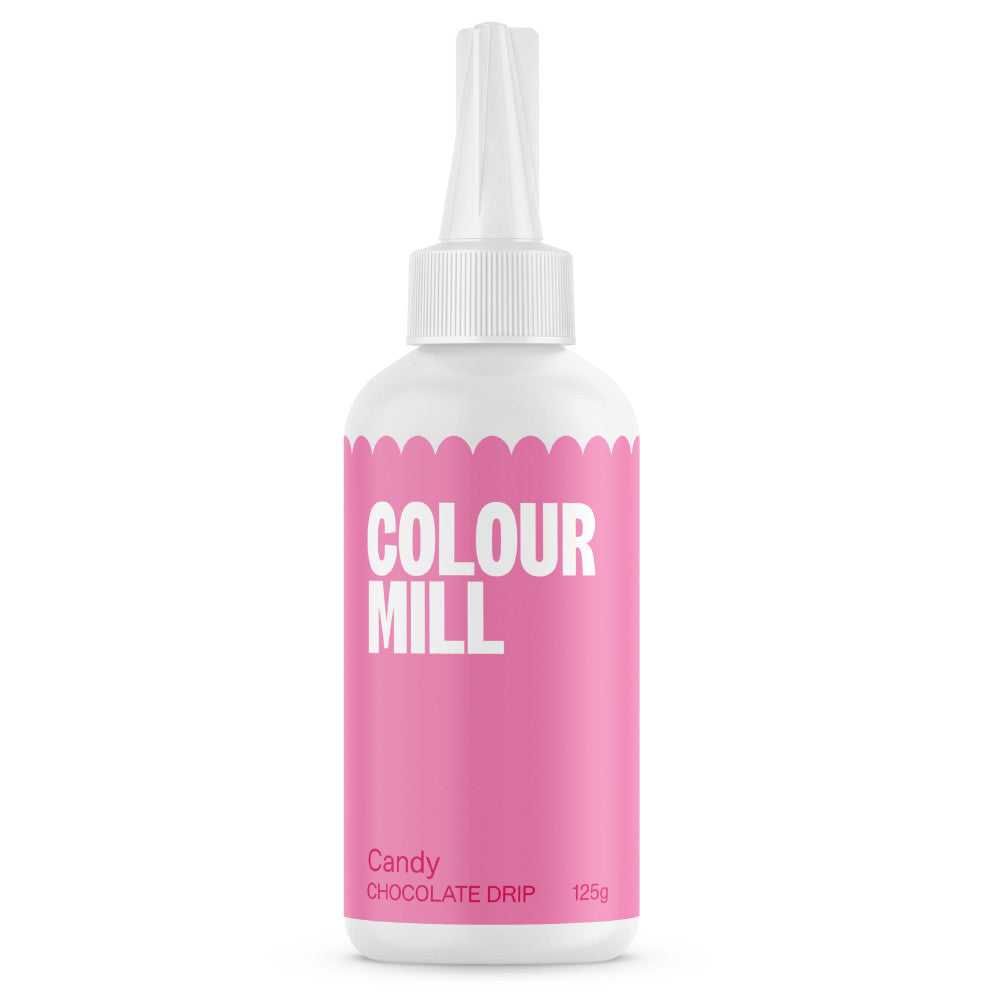 Colour Mill Candy Cake Drip in a 125 g white squeeze bottle with a pointed nozzle and vivid pink label on a white background.