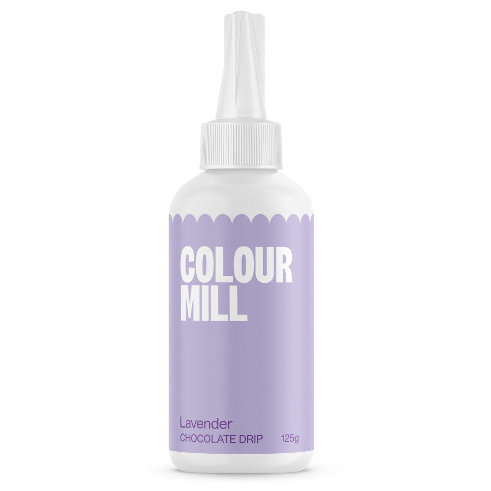 Colour Mill Lavender Cake Drip in a 125 g white squeeze bottle with a pointed nozzle and soft pastel purple label on a white background.