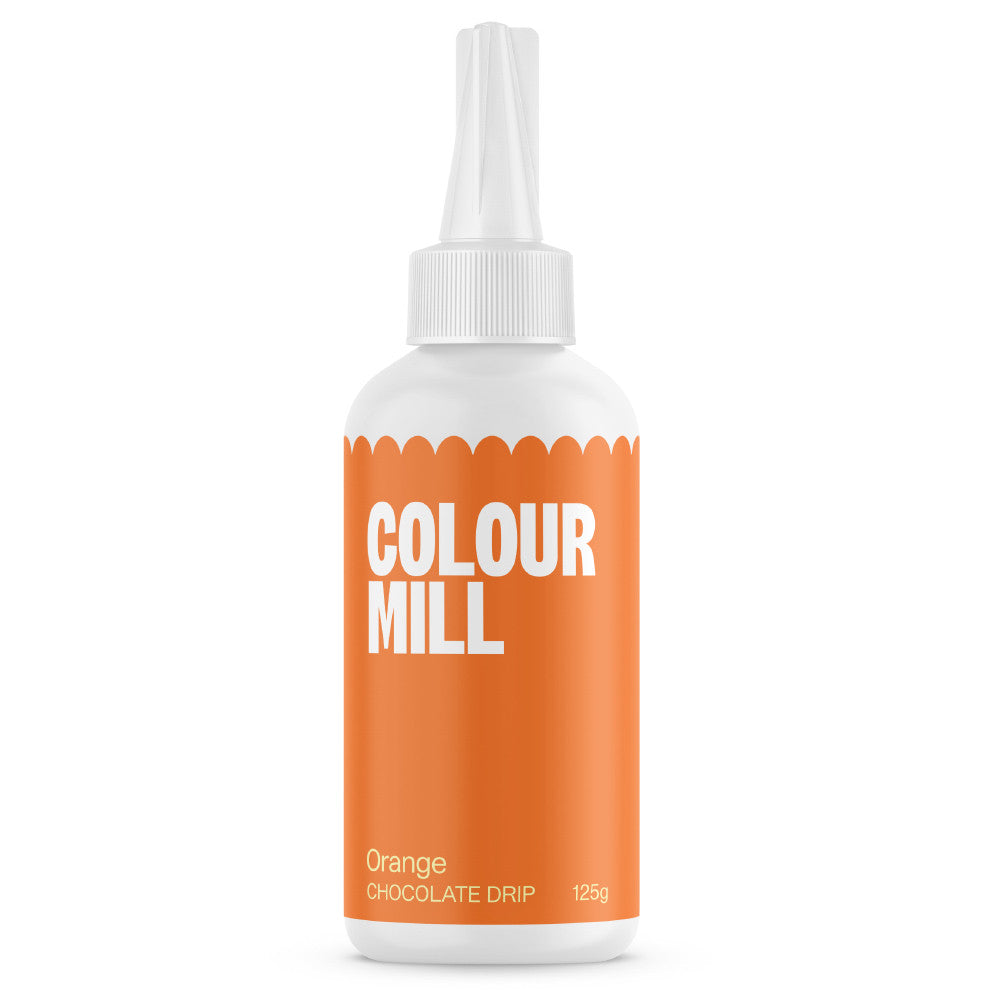 Colour Mill Orange Cake Drip in a 125 g white squeeze bottle with a pointed nozzle and vivid orange label on a white background.